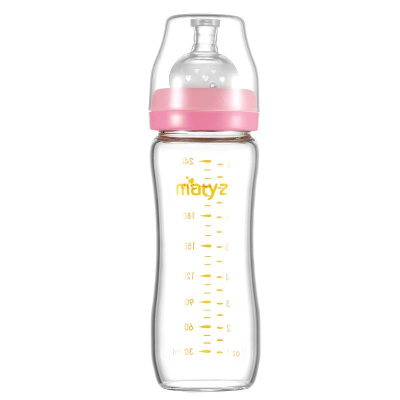 Matyz 8 Ounce Glass Baby Feeding Bottle With Nipple - Light and Slim, Easy to Hold and Clean - Food Grade Borosilicate Glass, Wide Neck for Breastmilk Feeding, No BPA (Pink Lids) - Image 1