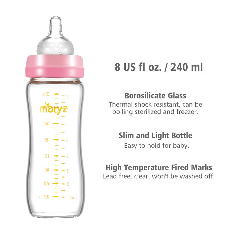 Matyz 8 Ounce Glass Baby Feeding Bottle With Nipple - Light and Slim, Easy to Hold and Clean - Food Grade Borosilicate Glass, Wide Neck for Breastmilk Feeding, No BPA (Pink Lids) - Image 3
