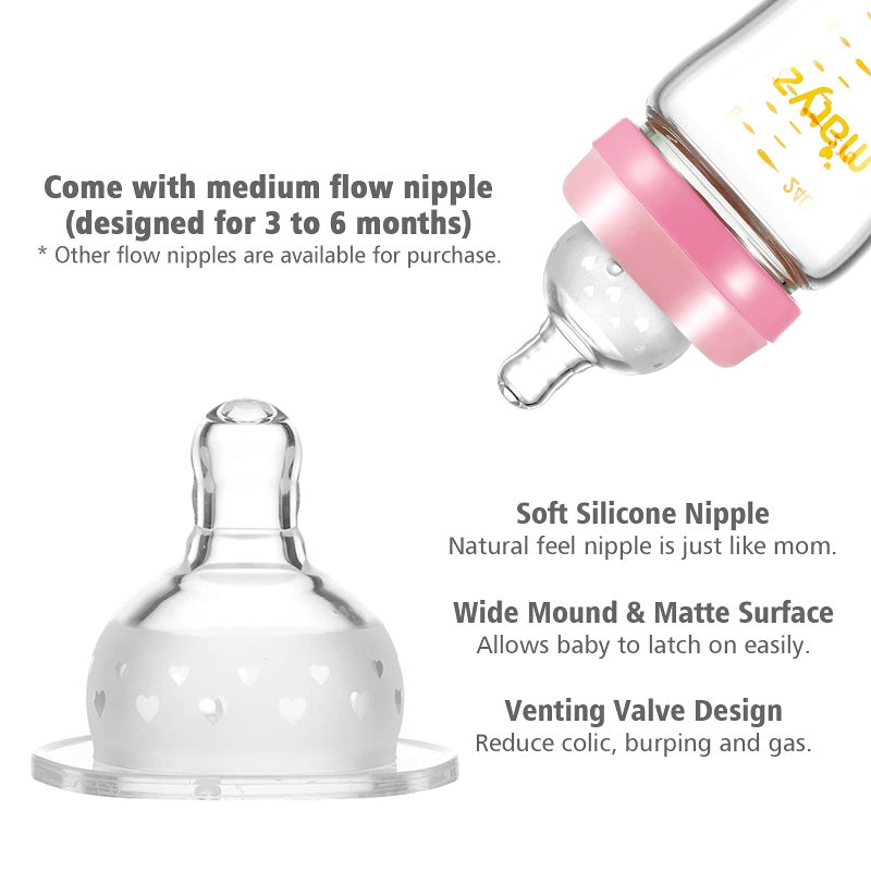 Matyz 8 Ounce Glass Baby Feeding Bottle With Nipple - Light and Slim, Easy to Hold and Clean - Food Grade Borosilicate Glass, Wide Neck for Breastmilk Feeding, No BPA (Pink Lids) - Image 4