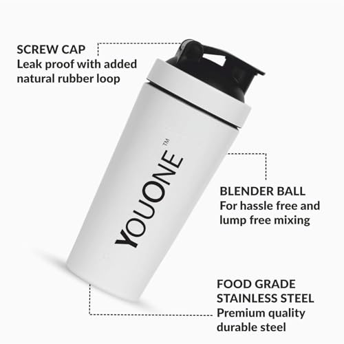 YOUONE Stainless Steel Shaker Bottles For Gym - 100% Leakproof Guarantee, Ideal For Protein, Pre Workout, Bcaas & Water Bpa Free Material (White) - Image 4