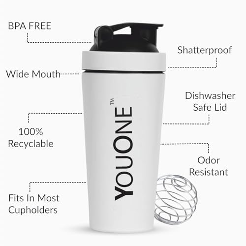 YOUONE Stainless Steel Shaker Bottles For Gym - 100% Leakproof Guarantee, Ideal For Protein, Pre Workout, Bcaas & Water Bpa Free Material (White) - Image 2