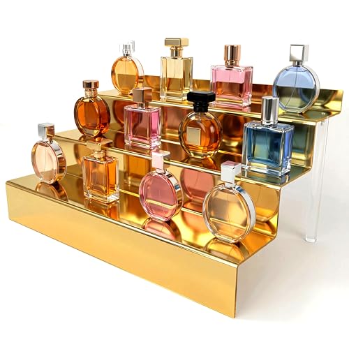 YMVV 12 IN Mirror Gold Acrylic 3 Tier Display Riser Perfume Organizer, Perfume Cologne Organizer Holder, Pops Toy Figures, Clear Cupcake Riser, Dessert Shelf - Image 1
