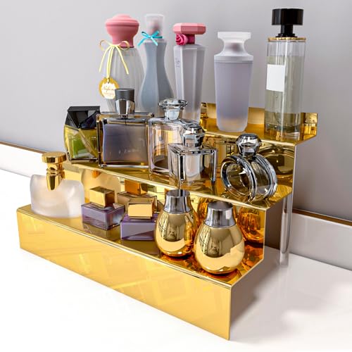 YMVV 12 IN Mirror Gold Acrylic 3 Tier Display Riser Perfume Organizer, Perfume Cologne Organizer Holder, Pops Toy Figures, Clear Cupcake Riser, Dessert Shelf - Image 3