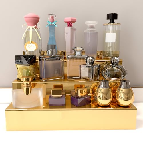 YMVV 12 IN Mirror Gold Acrylic 3 Tier Display Riser Perfume Organizer, Perfume Cologne Organizer Holder, Pops Toy Figures, Clear Cupcake Riser, Dessert Shelf - Image 2