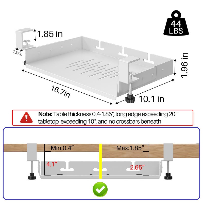 BYMECOST No Drill Under Desk Storage Shelf, Metal Under Desk Drawer Organizer with Clamp, Mount Under Desk Shelf Adds Tray, Desk Drawer for Office Desks, Table, Gaming Desk, Workstations (White) - Image 3