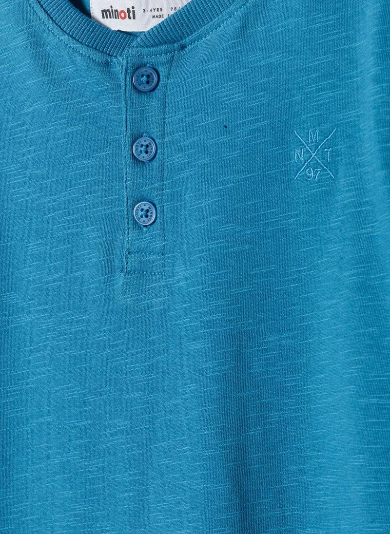 MINOTI Teen Henley T-Shirt with Short Sleeves and Button Neckline