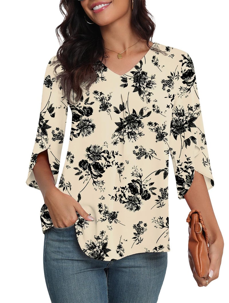 LAOLASI Women's Summer Dressy Chiffon Blouses for Women Casual Dressy Blouse Work Cute Ladies Tops Shirts,White Floral,L - Image 3