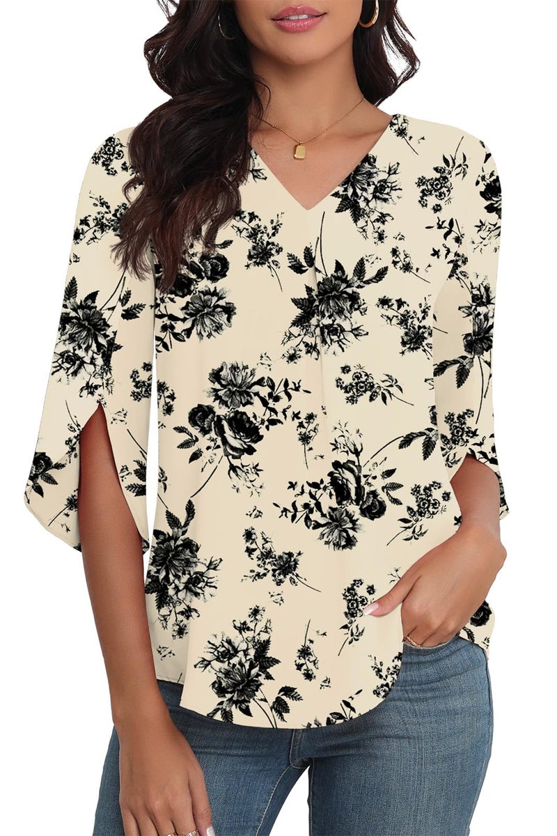 LAOLASI Women's Summer Dressy Chiffon Blouses for Women Casual Dressy Blouse Work Cute Ladies Tops Shirts,White Floral,L - Image 1