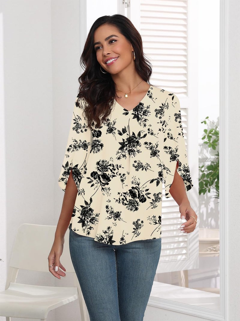 LAOLASI Women's Summer Dressy Chiffon Blouses for Women Casual Dressy Blouse Work Cute Ladies Tops Shirts,White Floral,L - Image 5