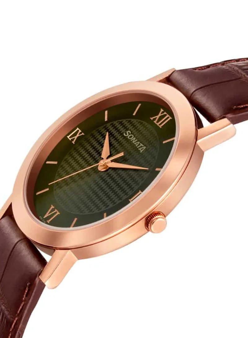 Sonata Men's Analog Round Shape Leather Wrist Watch 77108WL01 - 49.1 Mm
