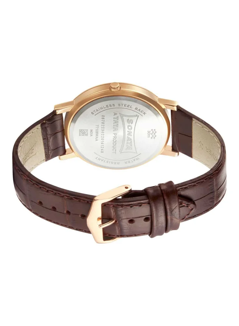 Sonata Men's Analog Round Shape Leather Wrist Watch 77108WL01 - 49.1 Mm