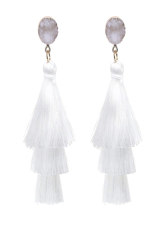 Pingyongchang Boho Statement White Tassel Clip On Drop Earrings - Feather Fringe Dangling Earrings for Women - Non Piercing Jewelry for Vacation, Beach, Bride, Bachelorette, Costume, Prom - Image 1