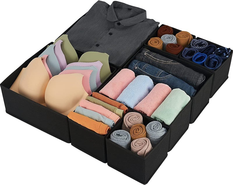 House of Quirk Foldable Clothing Storage Box Drawer Organizer Cube Basket Bins Containers Divider With Drawers For Underwear, Ties, Scarves, Set of 8 (Black, Non-Woven & Cardboard), 28 x 28 x 13 Cm - Image 1