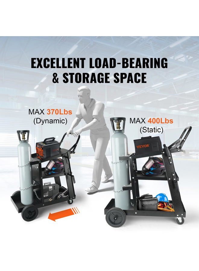 VEVOR Welding Cart, 3-Tier Welder Cart Heavy Duty with 400Lbs Static Weight Capacity, 360° Swivel Wheels, Tank Storage Safety Chains, Rolling MIG Welder Cart for TIG, ARC, MMA Welding Machine - Image 3