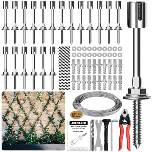 Acemaker Wire Trellis for Climbing Plants Outdoor, 20-Set Wall Wire Trellis Kit with 5/64"(2mm) x 98ft Stainless Steel Cable & Cutter, T316 Espalier System for Fence and Garden DIY Projects - Image 1