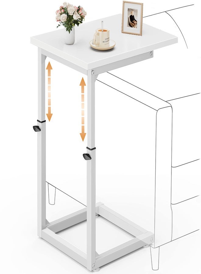 VAGUSICC C Shaped End Table, Adjustable Height Side Table for Couch, Sofa Table Small Couch Side C Tables, Slide Under Sofa TV Tray Arm Tables with Metal Frame for Living Room, Bedroom, Bedside, White