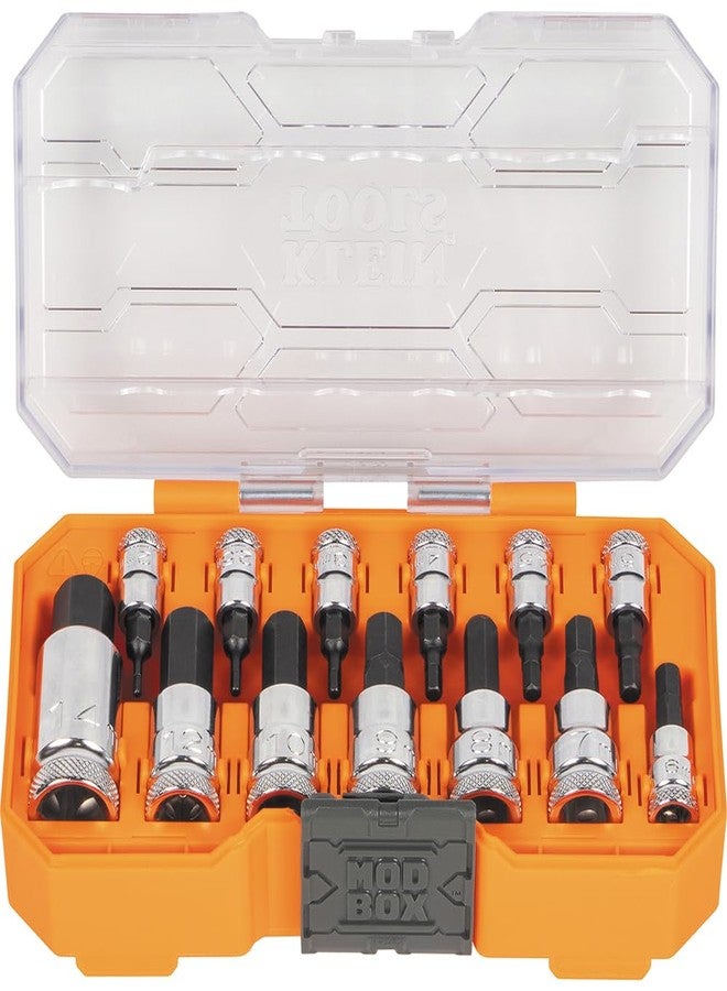 Klein Tools 65213HEXM Knurled Hex Bit Metric Socket Set, 1/4, 3/8 and 1/2-Inch Drives, Premium Cr-V Steel, Metric Sizes 2 mm to 14 mm, MODbox Case, 13-Piece - Image 1