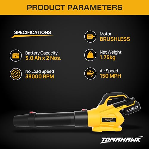 Tomahawk BLB-8130 20V Brushless Cordless Leaf Blower with 2×3.0Ah Batteries, 150 MPH Air Speed, 125 CFM Airflow, 4 Nozzles, Fast Charger & Carry Bag – Powerful Garden Cleaning Tool - Image 5