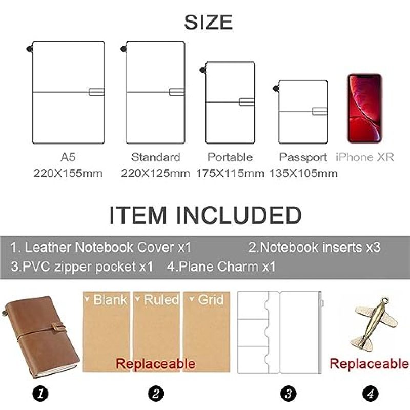 Genuine Leather Notebook Cover: 13.5 X 10.5 X 2.5 CM Red - Patina Developing, Refillable 64-Page Inserts Travelers Notebook for Digital-Free Travelers, Flight Attendants and Wanderers - Image 4