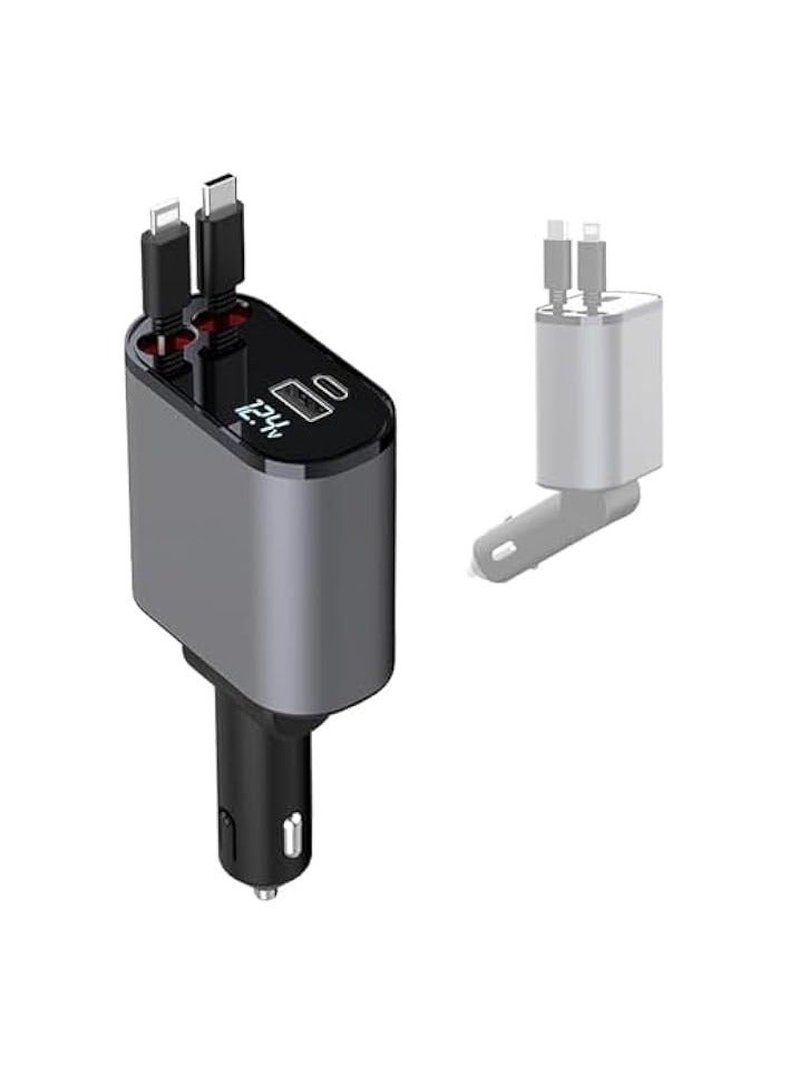 4-in-1 Car Charger with Dual Retractable Cable, Dual Port USB C PD Fast Charging Car Adapter with Voltage Display Compatible