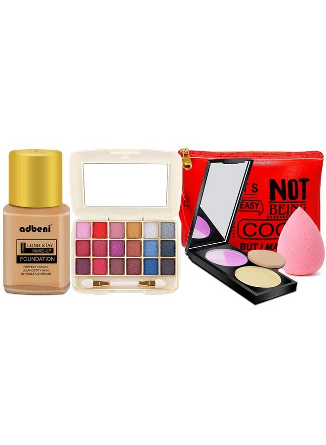 أدبيني مجموعة مكياج جاهزة للاستخدام، عبوة مكونة من 5 قطع | 18 لون ظلال عيون، كريم أساس، مدمج مع أحمر الخدود وإسفنجة تجميل، تأتي مع حقيبة مكياج، لمسة نهائية مشرقة في وقت الحفلات للحصول على لون رملي - Image 2