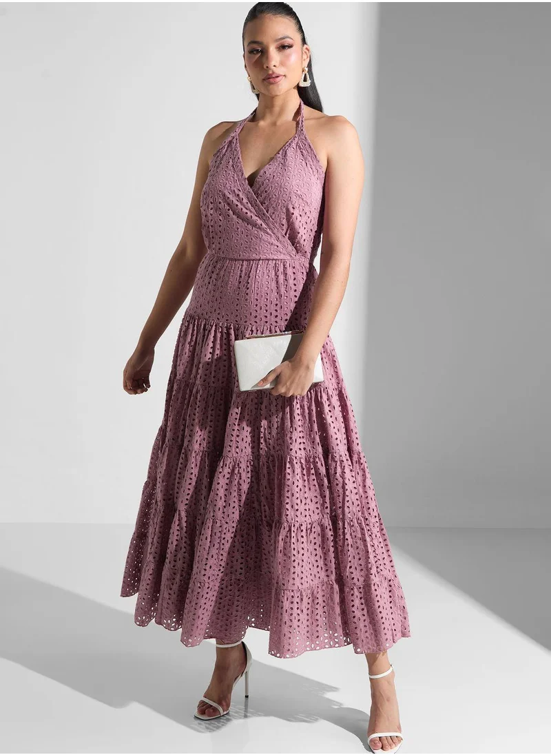 Golden Apple Embroidery Halter Neck Dress