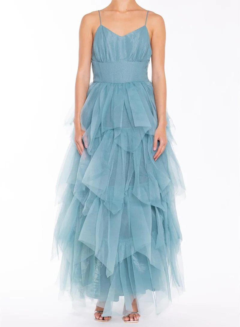 Saige Mineral Blue V-neck Tiered Tulle Maxi Dress