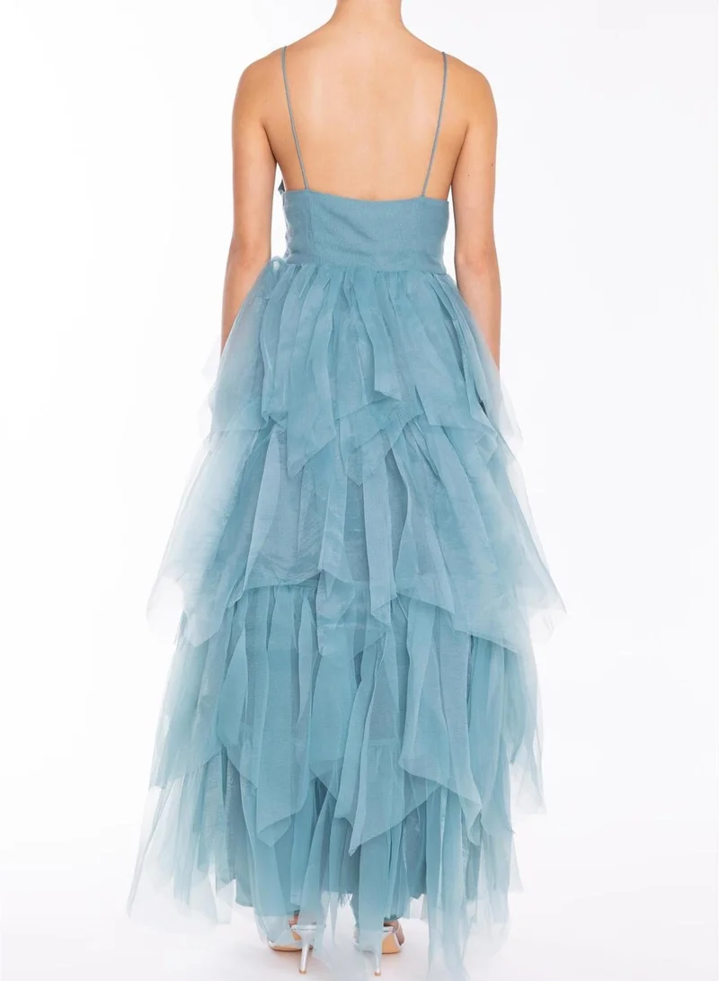 ترو ديكادينس Saige Mineral Blue V-neck Tiered Tulle Maxi Dress