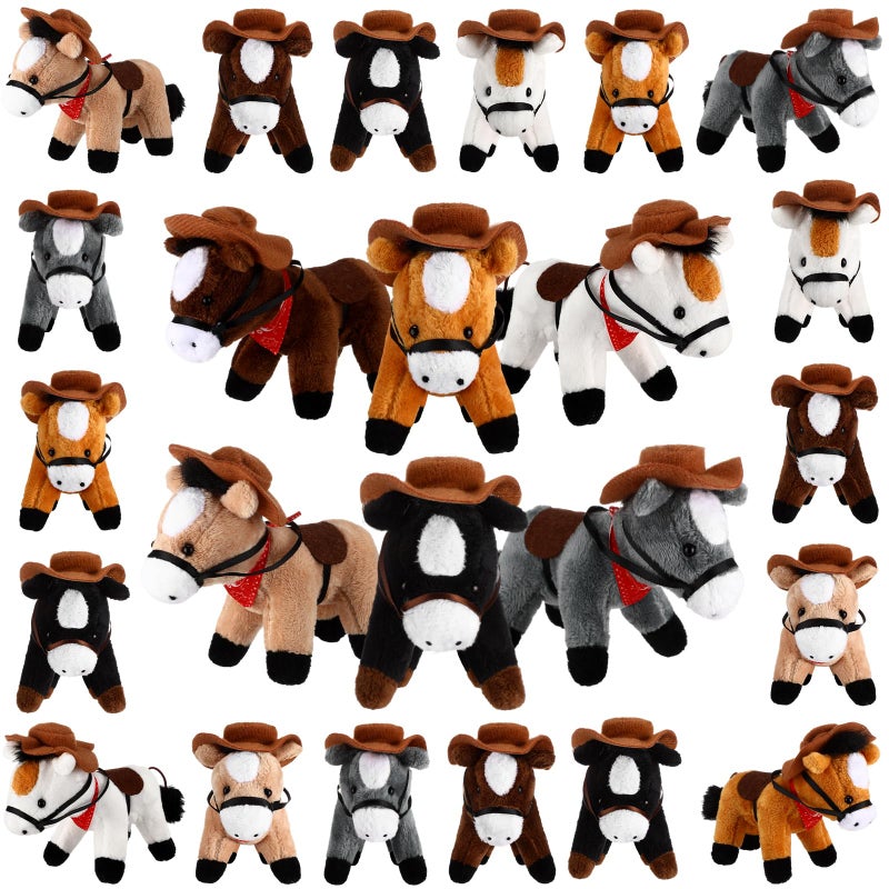 Vertintong 24 Pack Valentines Classroom Gifts Bulk Small Horse Stuffed Animal Plush Keychain Bulk 4 Inch Mini Standing Horse Plushie with Cowboy Hat Bandana for Kids Adopt Party FavorBright Style - Image 3