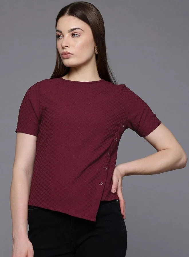 Women Regular Fit Textured Crew Neck Short Sleeve Regular Top