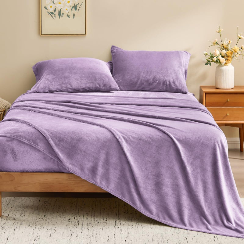 BEDELITE Flannel Sheets Queen Size Lavender - Super Soft Fleece Sheets Set Fluffy Extra Plush, 4 Piece(Include Fitted Sheet, Flat Sheet, 2 Pillowcases) - Image 2