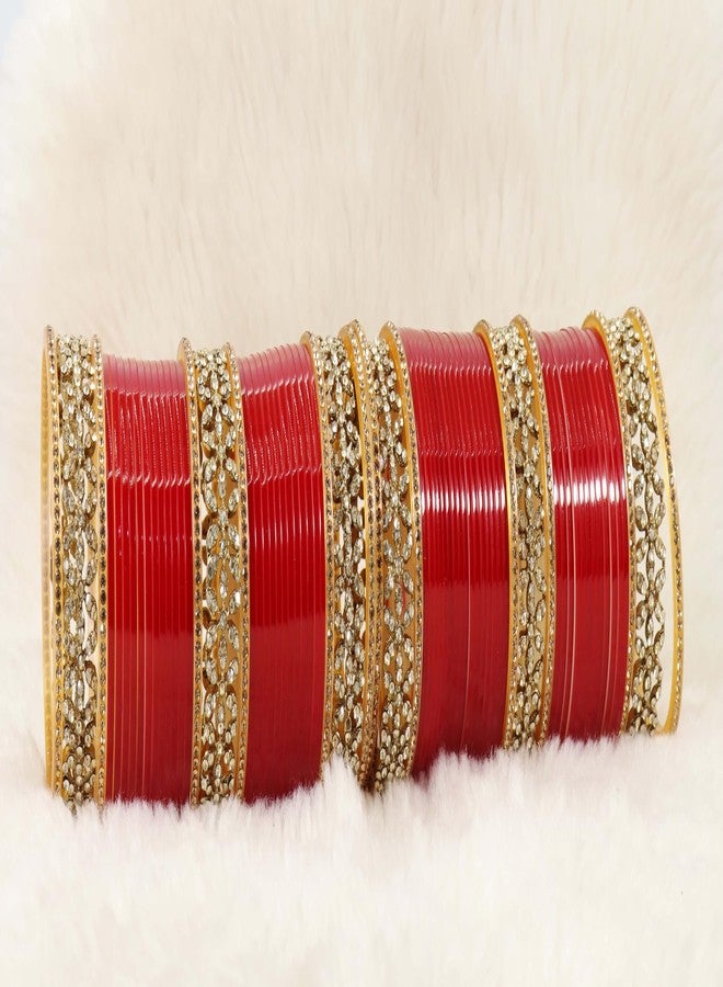 STYOLLO Premium Gold Plated Metal with Zircon Diamond Stone & Red Bangles Chuda Set For Bridal Women & Girls | Traditional Dulhan Bangles Set For Wedding, Party, Red Chooda-(SYL_ChudaSet-1-Red-2.8) - Image 4