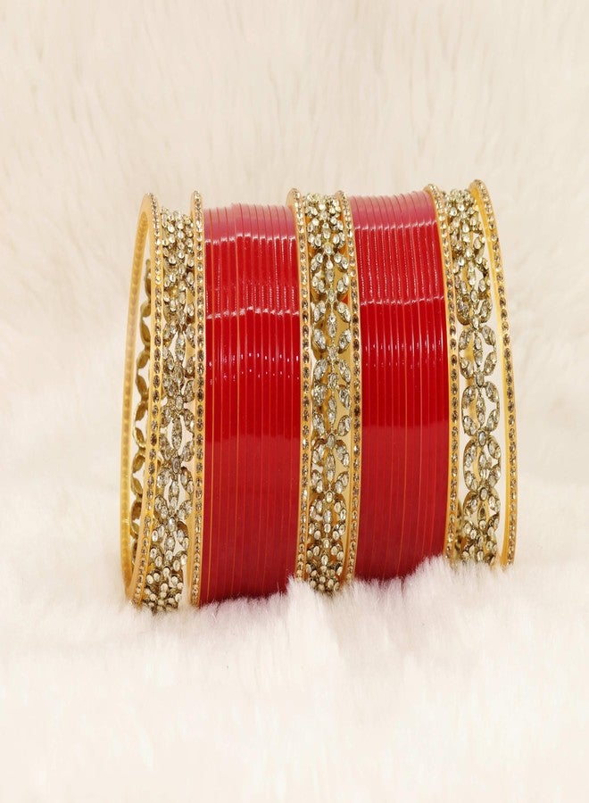 STYOLLO Premium Gold Plated Metal with Zircon Diamond Stone & Red Bangles Chuda Set For Bridal Women & Girls | Traditional Dulhan Bangles Set For Wedding, Party, Red Chooda-(SYL_ChudaSet-1-Red-2.8) - Image 5