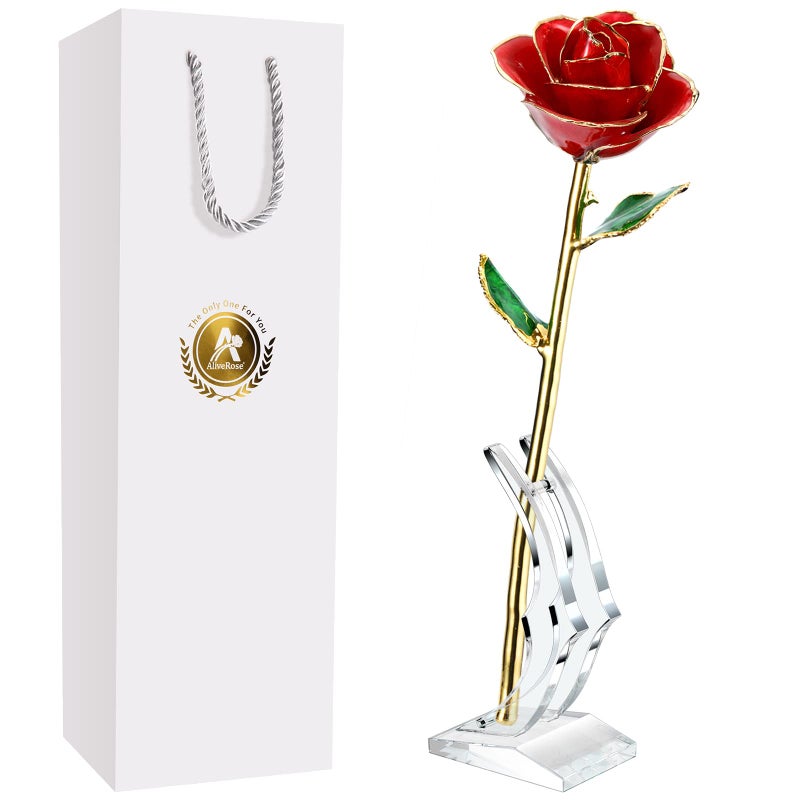 AliveRose 24K Gold Rose Made from Real Rose  Unique Design 24K Dipped Rose for Anniversary Valentines Mothers Day Red Rose with Stand
