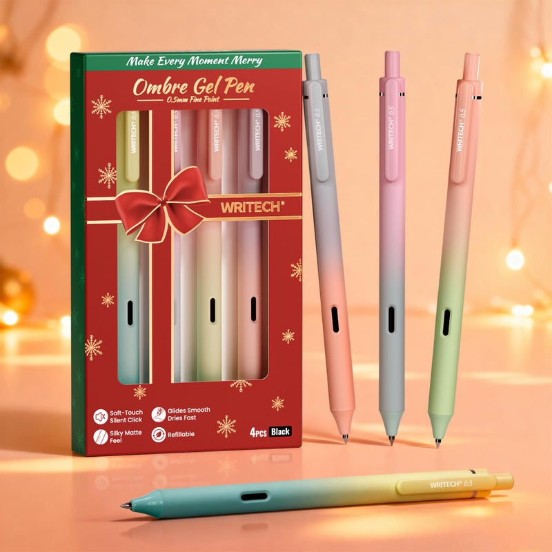 WRITECH Fine Point Gel Pens: 0.5mm 4ct Retractable Click Pen Black Ink Gradient Aesthetic Color Pen Barrel Smooth Writing Journaling No Bleed Christmas Gift for Nurse Student Office - Image 1
