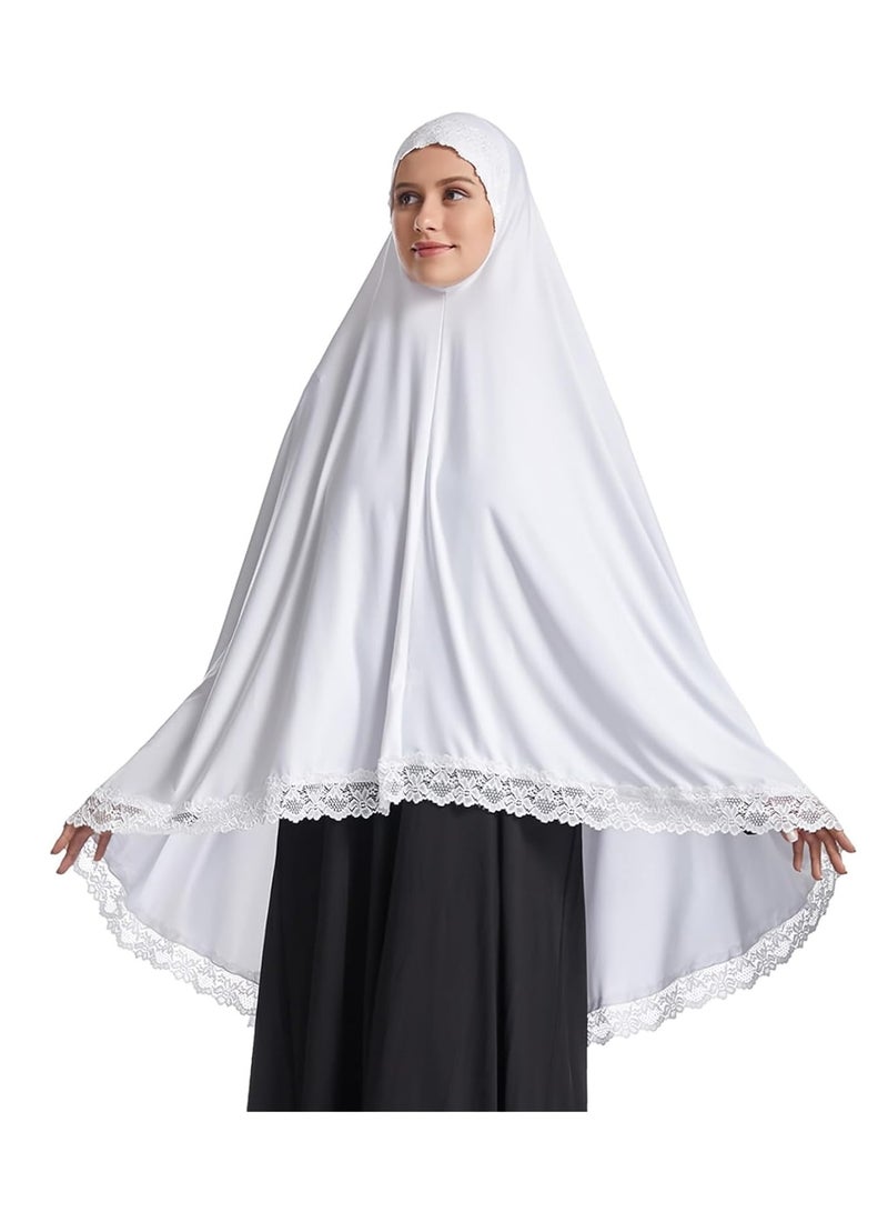 Zikra L Size Muslim Women Hijab Soft Lace Lady Long Hijab Scarf Lightweight Solid Color( White ) - Image 1