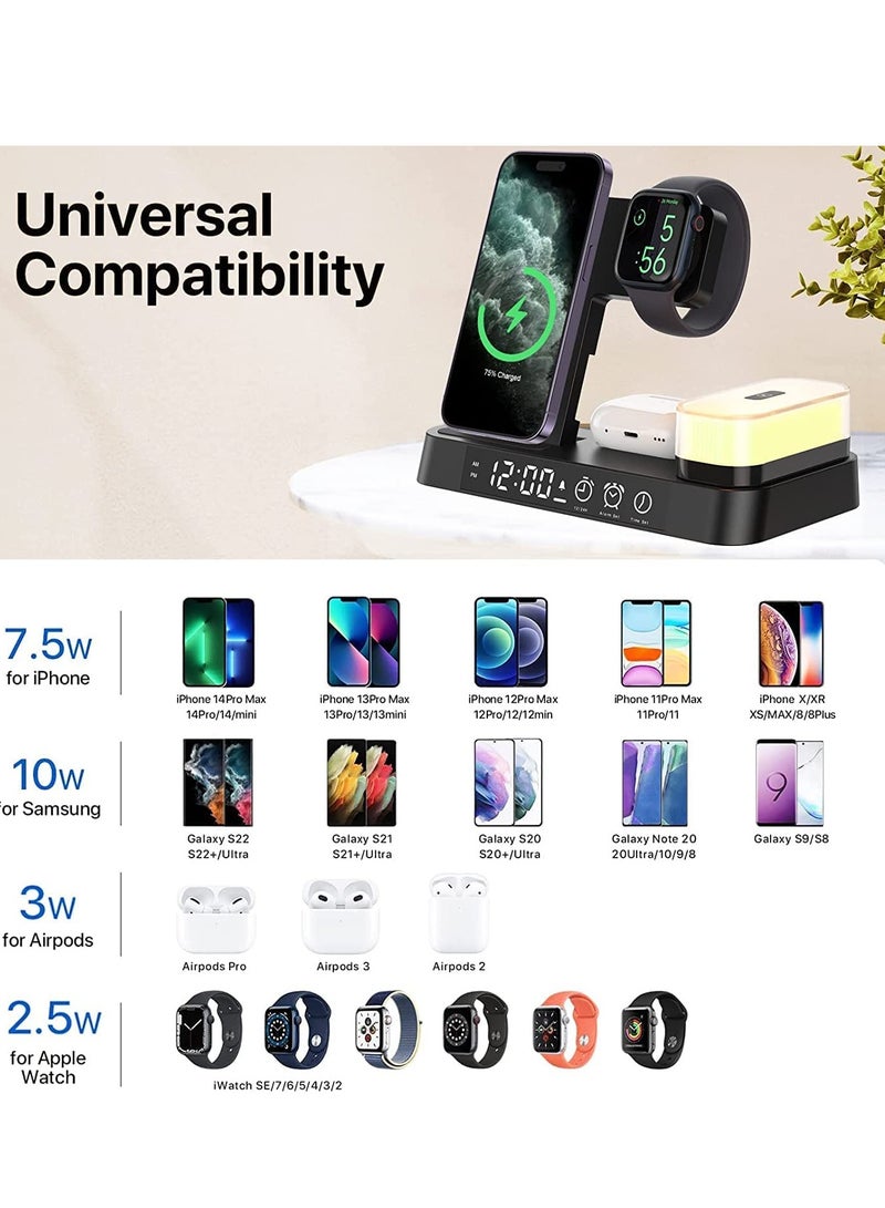 بيوينتي قاعدة شحن لاسلكية 4 في 1 مع ساعة منبه وضوء ليلي LED وشاحن لاسلكي سريع 4 في 1 لجوال  ايفون 14/13/12/11/برو/ماكس/اكس اس/اكس ار، قاعدة شحن لاسلكية لساعة ابل ايربودز - Image 3