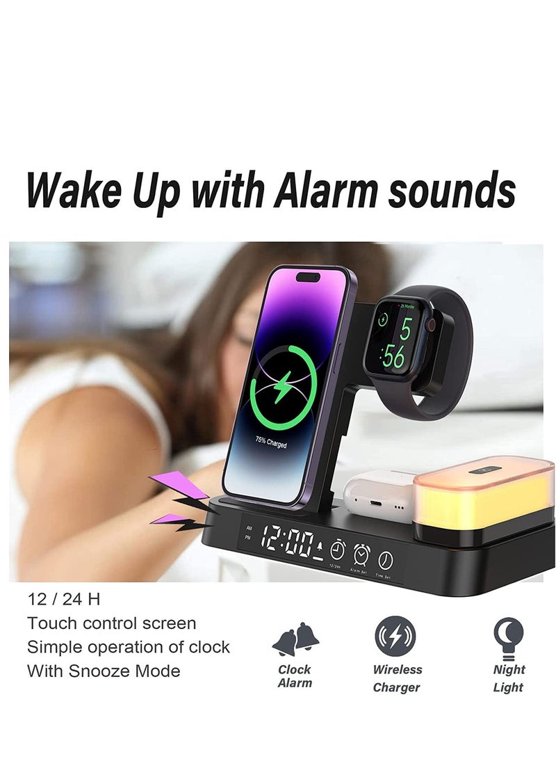 بيوينتي قاعدة شحن لاسلكية 4 في 1 مع ساعة منبه وضوء ليلي LED وشاحن لاسلكي سريع 4 في 1 لجوال  ايفون 14/13/12/11/برو/ماكس/اكس اس/اكس ار، قاعدة شحن لاسلكية لساعة ابل ايربودز - Image 2