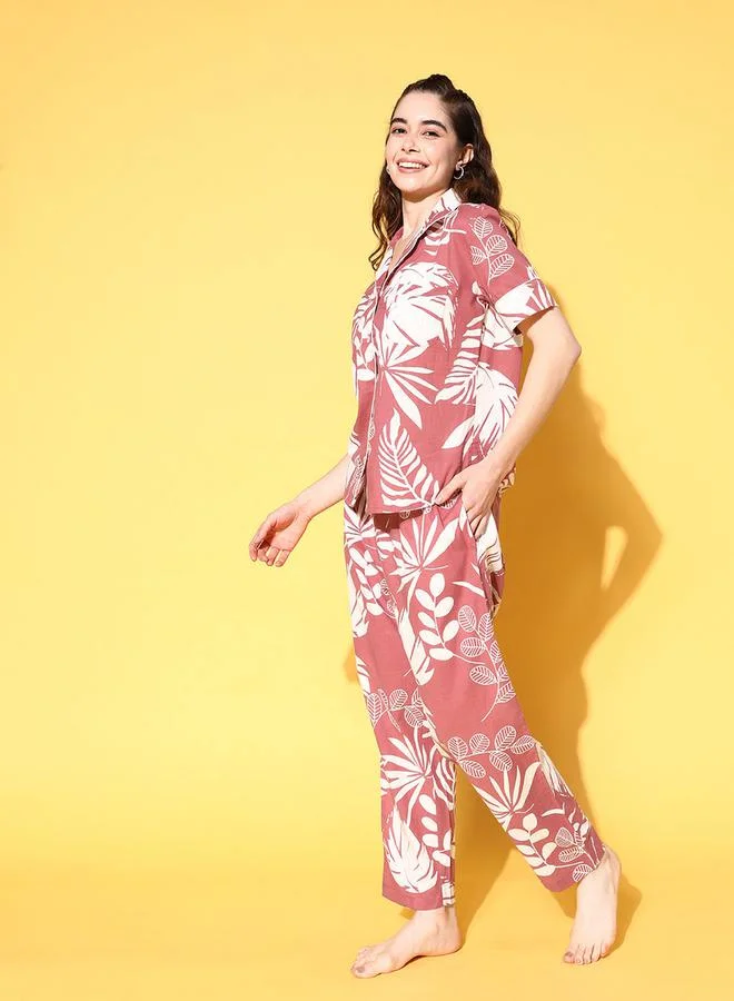 sanskrutihomes Tropical Print Cotton Shirt & Pyjama Set by Styli