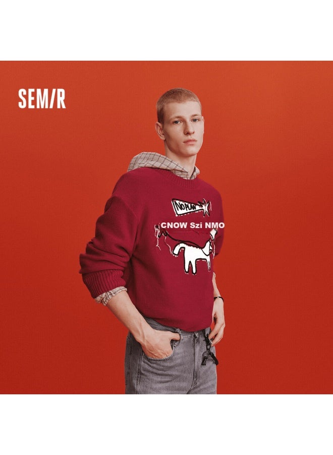 Semir New Year Red Horse Knit Sweater Men Spring  Loose Letter Jacquard Knitwear Couples Tassel Red Sweater - Image 1