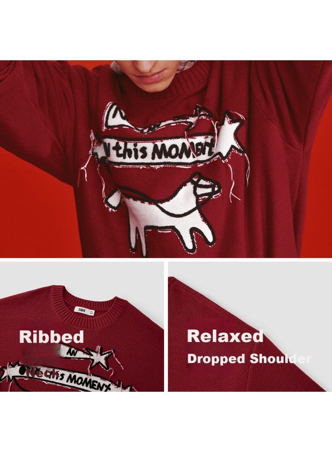 Semir New Year Red Horse Knit Sweater Men Spring  Loose Letter Jacquard Knitwear Couples Tassel Red Sweater - Image 3