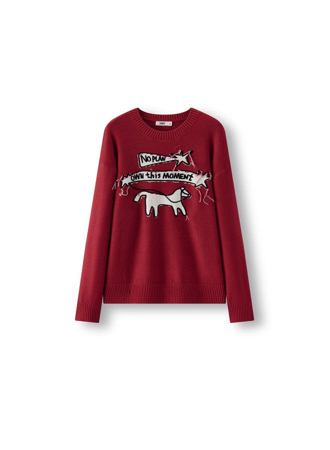Semir New Year Red Horse Knit Sweater Men Spring  Loose Letter Jacquard Knitwear Couples Tassel Red Sweater - Image 5
