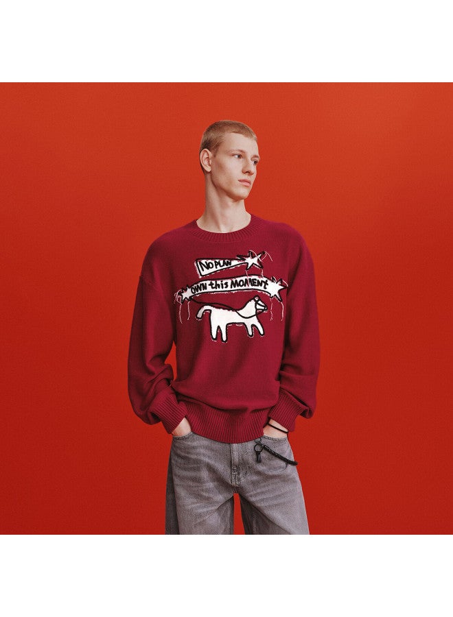 Semir New Year Red Horse Knit Sweater Men Spring  Loose Letter Jacquard Knitwear Couples Tassel Red Sweater - Image 2