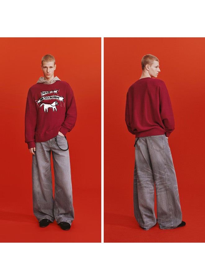 Semir New Year Red Horse Knit Sweater Men Spring  Loose Letter Jacquard Knitwear Couples Tassel Red Sweater - Image 4