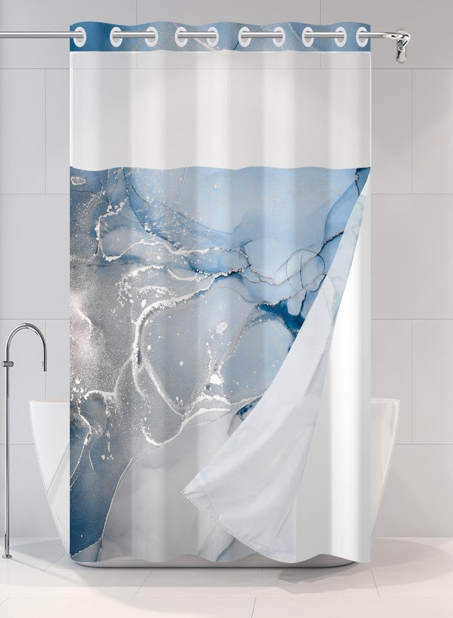AWERT No Hook Shower Curtain with Snap in Liner Blue Marble Shower Curtain and Liner Set Double Layers Waterproof Fabric and See-Through Top Window Bathroom Decorative 71x74inch - Image 2