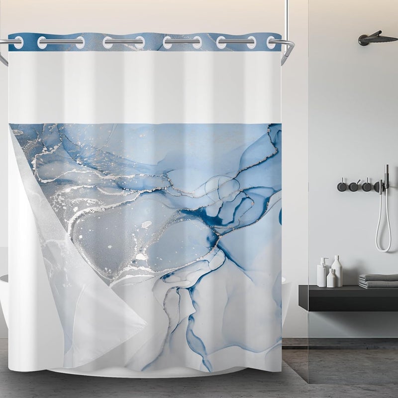 AWERT No Hook Shower Curtain with Snap in Liner Blue Marble Shower Curtain and Liner Set Double Layers Waterproof Fabric and See-Through Top Window Bathroom Decorative 71x74inch - Image 1