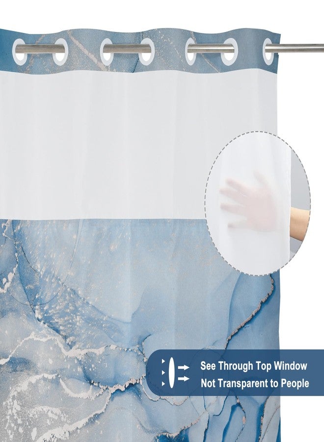 AWERT No Hook Shower Curtain with Snap in Liner Blue Marble Shower Curtain and Liner Set Double Layers Waterproof Fabric and See-Through Top Window Bathroom Decorative 71x74inch - Image 3