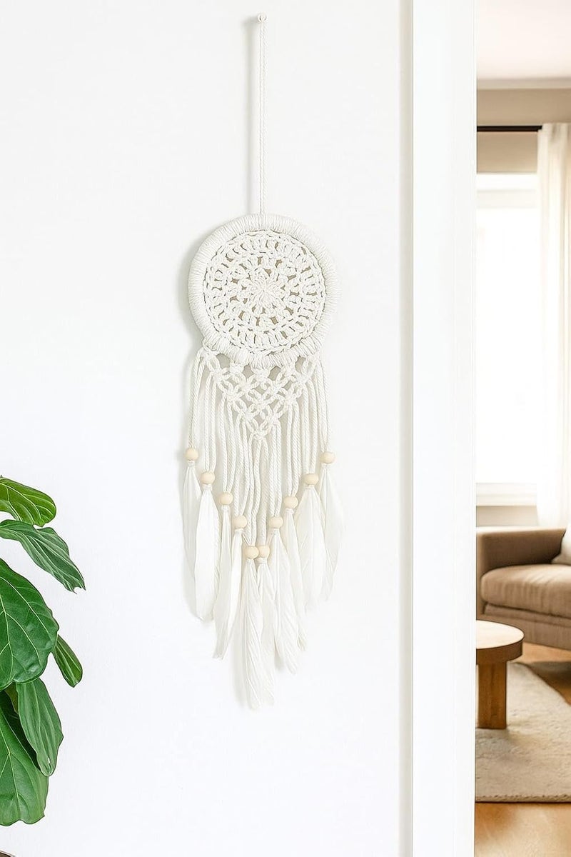 ThincAmaxe Handmade 3 Inch Dream Catcher Wall Hanging– Boho Wall Hanging Decor with Feathers & Pearls – Spiritual Protection Ornament for Bedroom, Nursery, or Living Room (White) - Image 2