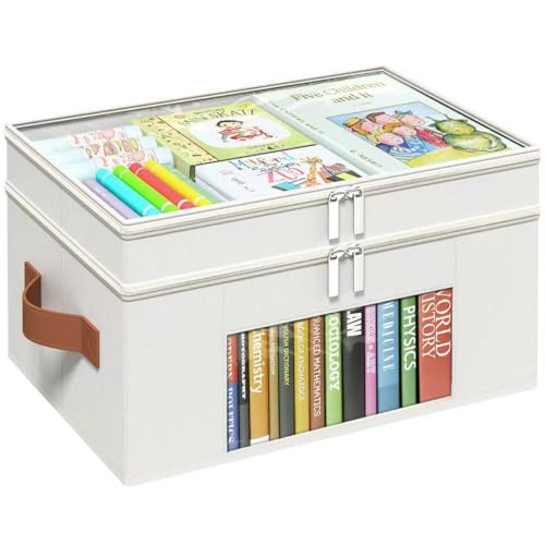 Foyego 18 QT Craft Organizers and Storage Box with Transparent Cover and Leather Handles 2Layer Art Supply Organizer for Crayon Coloring Books Modeling Clay Molds and Sewing Beige - Image 1