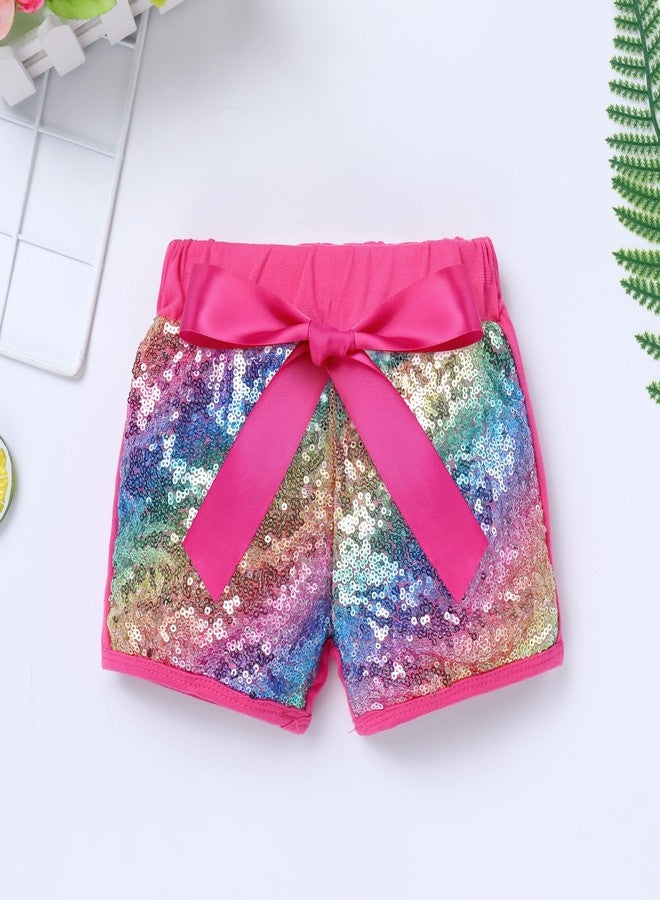 ODIZLI 3rd Birthday Outfit Girl Baby Toddler Short Sleeve T-shirt+Shiny Rainbow Sequin Shorts+Headband 3PCS Summer Clothes Melon Watermelon Party Supplies Third Year Old Cake Smash Photoshoot Pink-3T 3 Years - Image 3